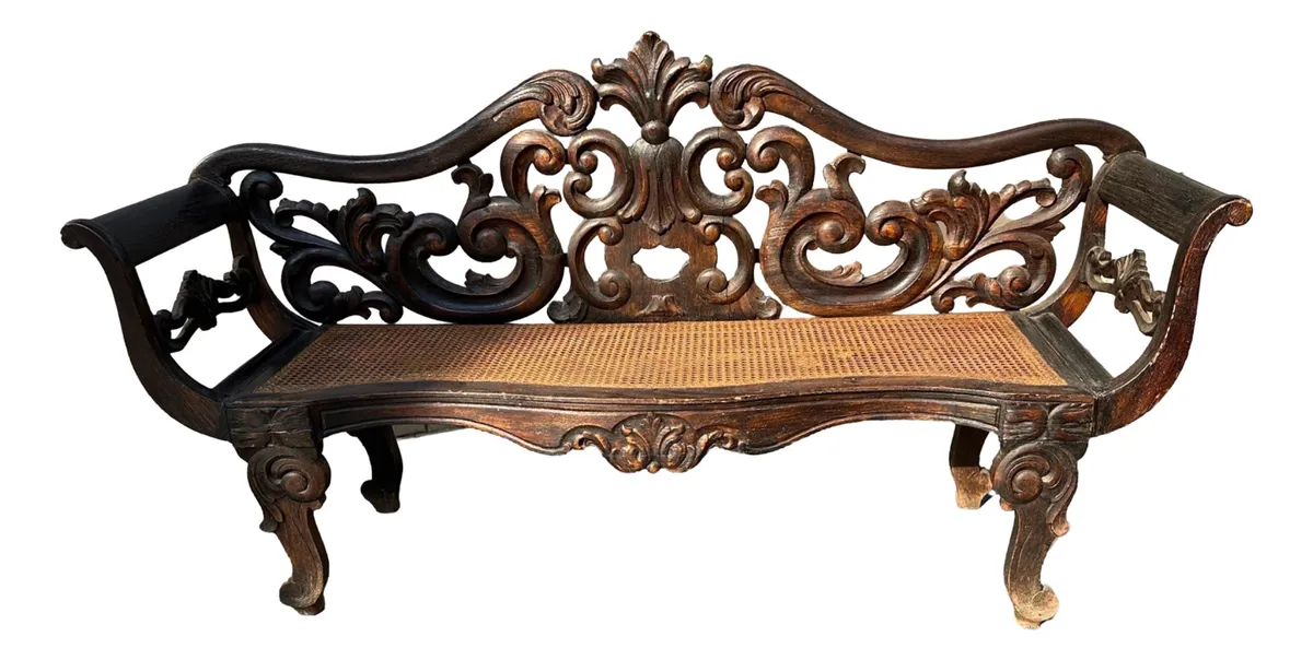 Sofá Marquesa Colonial Entalhado Madeira Maciça E Palhinha